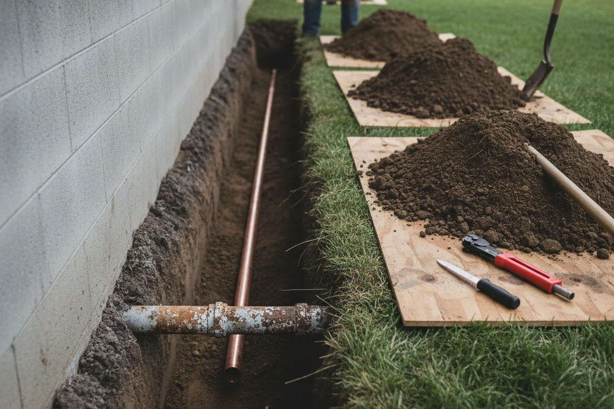 Excavated water line trench during Sewer Line Repair in Southold